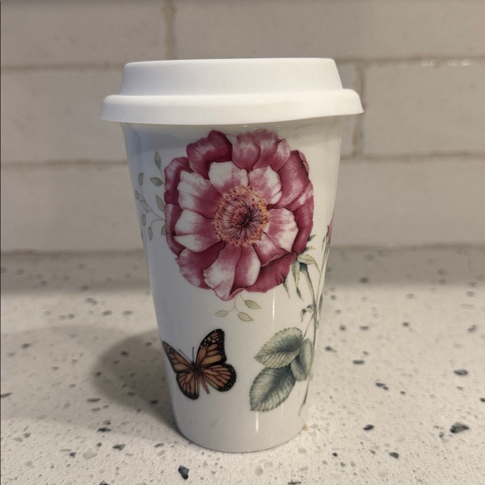 Lenox Butterfly Meadow Ceramic Cup Travel Mug with Lid Floral Design